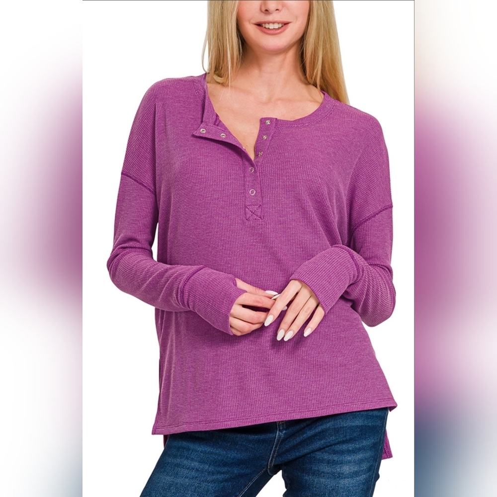 New Zenana Lt Plum Women's Baby Waffle Henley Long Sleeve Top W/ Thumbholes Sz L
